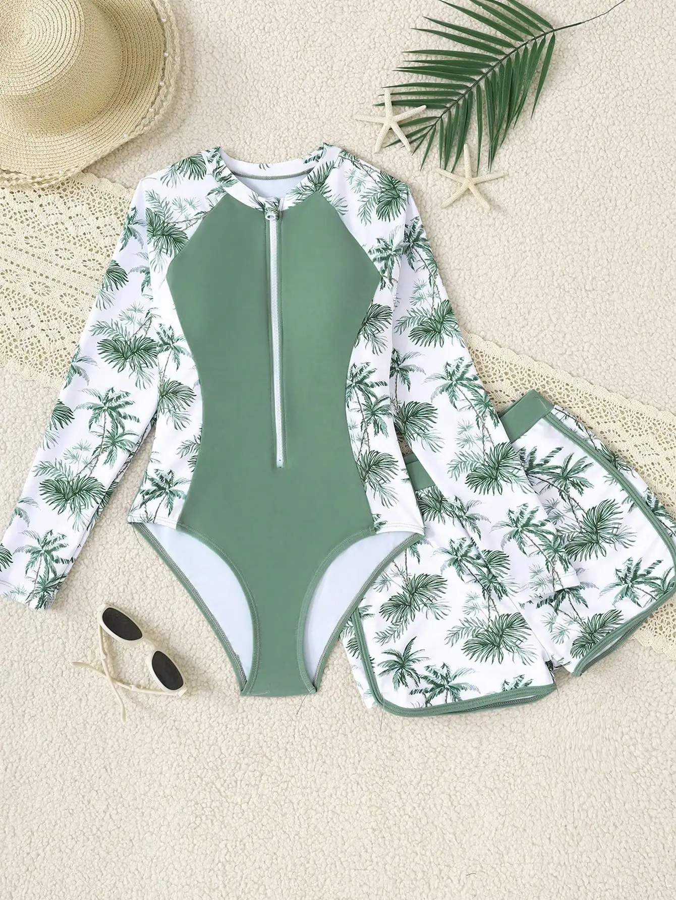 

Green Palm Print Zip-Up Long Sleeve Swimsuit With Shorts Beach Vacation Set