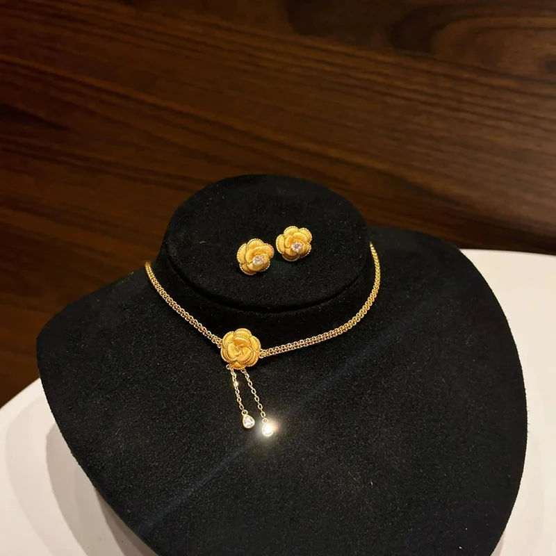 French Retro Court Style Brushed Camellia Tassel Necklace Earrings Elegant Rose Choker Ear Stud Set with Zircon Studded KOFSAC