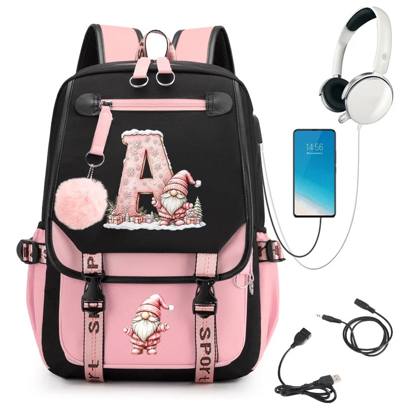 Santa Claus A-Z 26 Letter Backpack for Girls Christmas Print School Bag USB Charging Port Fashion Casual Travel Laptop Backpack