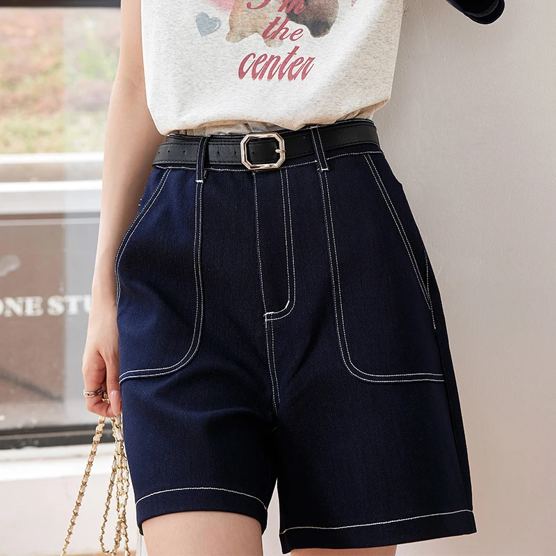 2024 Summer Denim Shorts Women Jeans Elegant Chic High Waist Loose Casual Deep Blue Cowboy Wide Leg Short Pants Female C3290