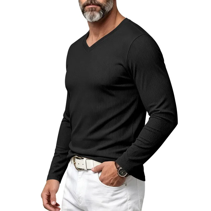 Herren Einteiliges Herbst- und Winter-Unterhemd mit V-Ausschnitt, Lässiges Loses Strick-Langarm-T-Shirt, Weiches und Dehnbares Basic-Layering-Oberteil – Detail 27