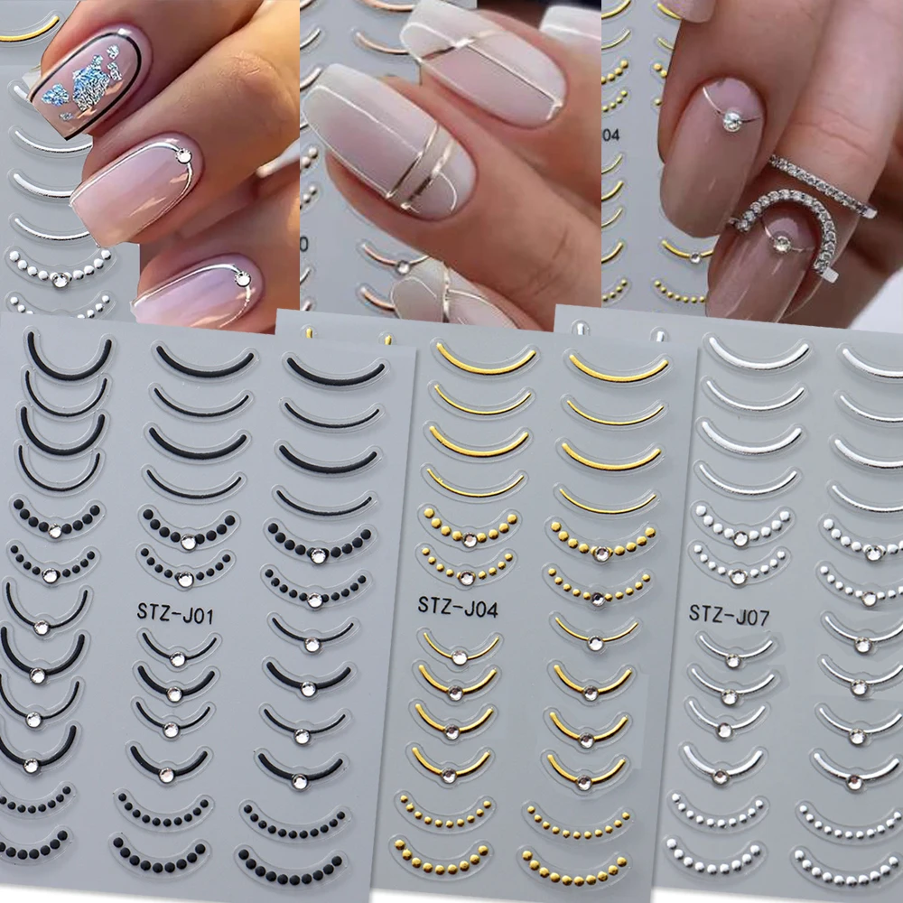 3pcs/set 5D Rhinestones Gold Silver French Tips Nail Stickers Retro Wave Simple Line Design Adhesive Slider Nail Art DIY Decals