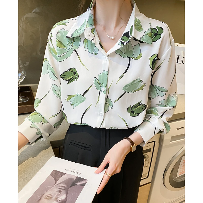 Women Spring Korean Loose Vintage Printing Chiffon Turn-down Collar Long Sleeve Shirts Women Clothes Casual Appear Thin Tops