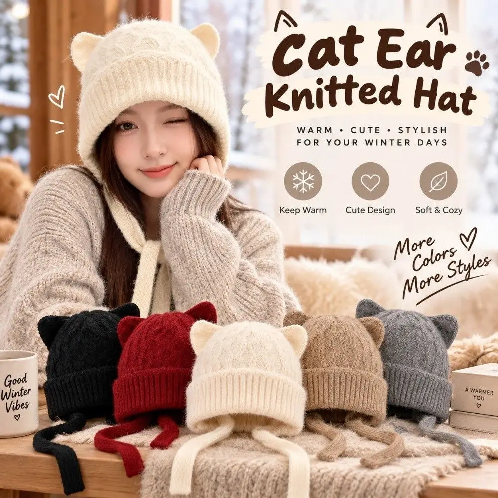 Korean Style Windproof Cat Ear Knit Hat 3D Cat Ear Skin Friendly Soft Beanie Stretchy Fit Warm Knitted Head Cover Walking