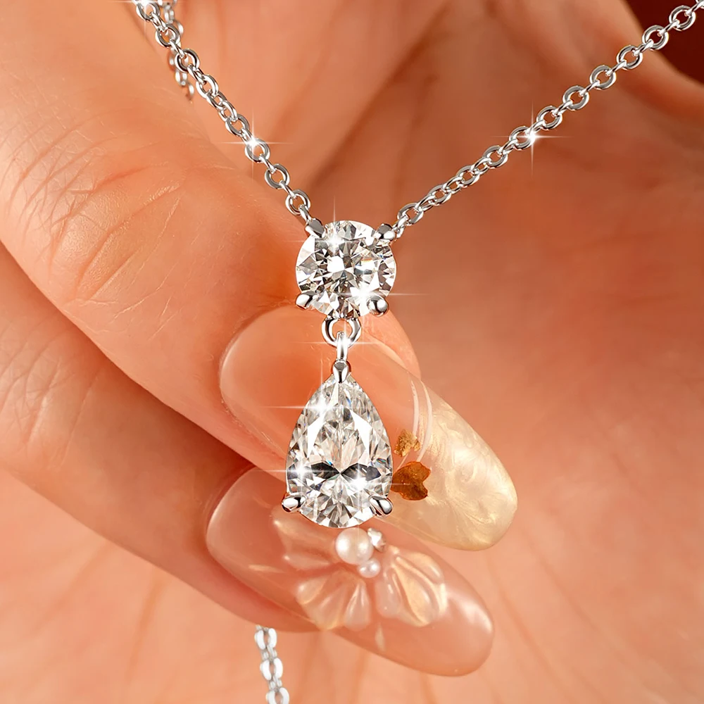 OXTAO Pear Waterdrop Cut Moissanite Necklace 2.5ct&1.0ct D VVS1 14K Gold Filled for Women Two-Stone Charm Jewelry Necklace Gift