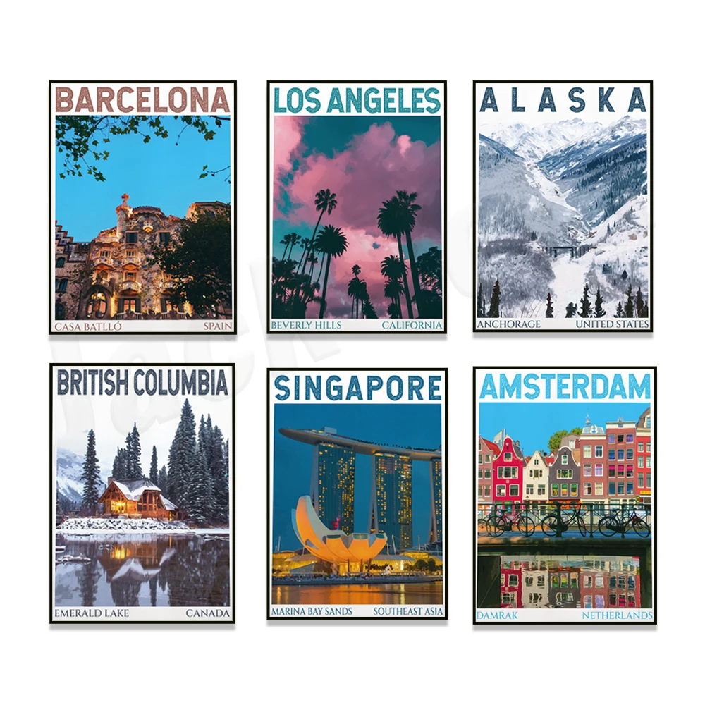 Amsterdam, Kanada, Schottland, Los Angeles, Jordan, Barcelona, Griechenland, Italien, Chicago, Singapur, New York, Sydney Reiseplakat