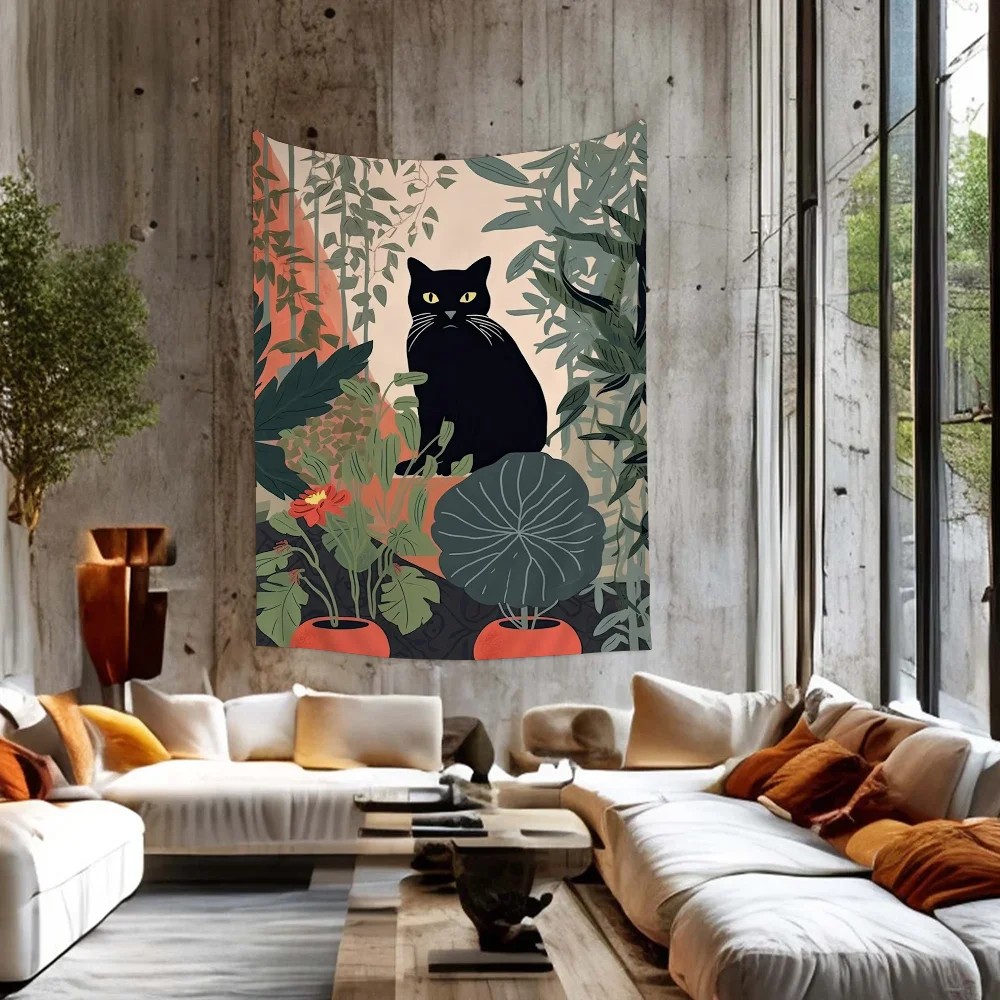 Abstrato plantas verdes gato preto diy tapeçaria de parede pendurado tarô hippie tapetes de parede dormitório ins decoração de casa