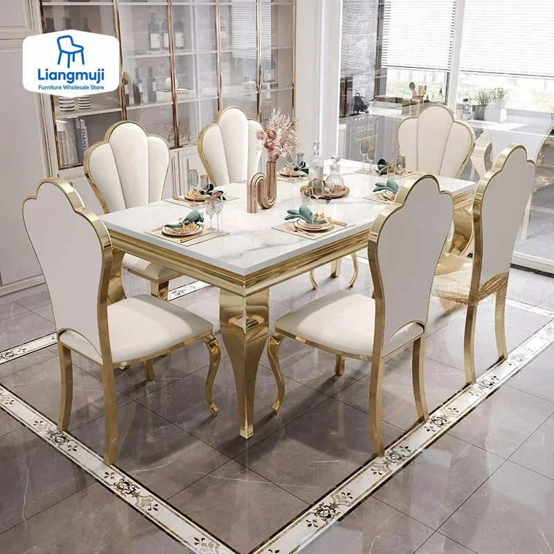 طاولة طعام رخامية فاخرة فريدة من نوعها باللون الذهبي والفردي طاولة طعام إيطالية بيضاء بتصميم مستطيل أثاث منزلي ميسا كوميدور #2