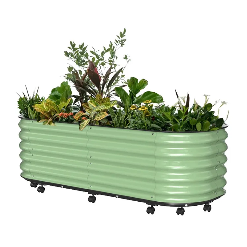 

Metal planting box, tin flower trough with wheel elevated, plant growing vegetable frame