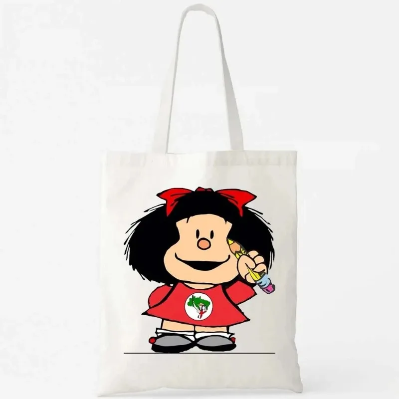 Kawaii Mafalda Retro Anime Girl Canvas Shoulder Bag Reusable Large Capacity Eco-Friendly Fashion Shopping Bag Ladies Handbag