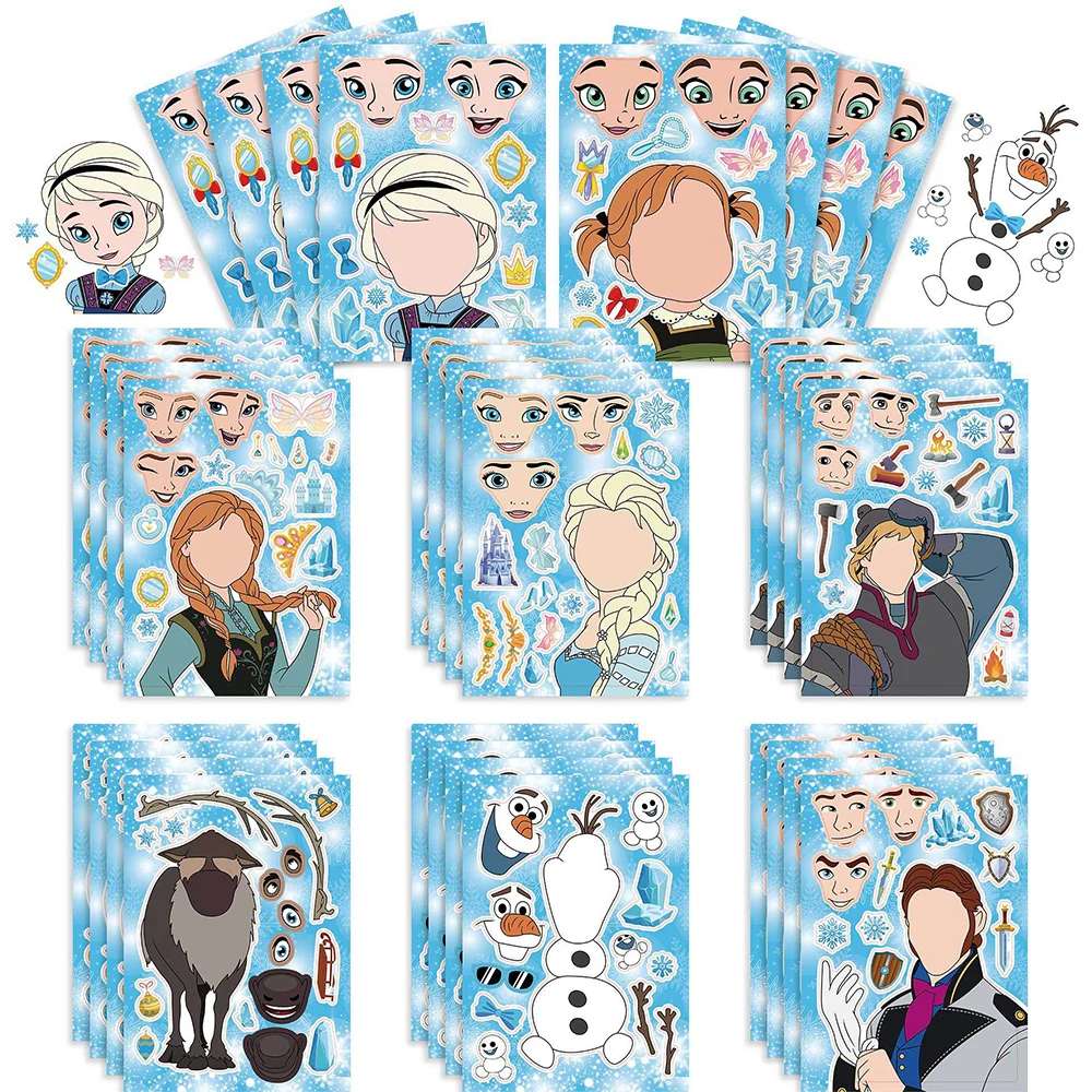 

8/16sheets Disney Cartoon Frozen Puzzle Stickers Make A Face DIY Princess Elsa Anna Decals Assemble Jigsaw Kids Educational Toys