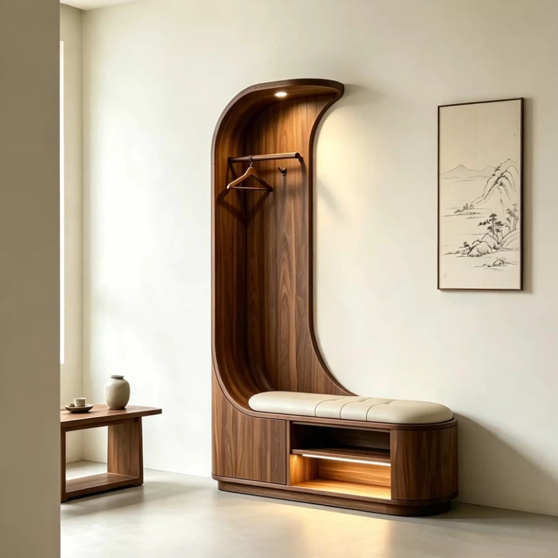 Black walnut design sense, curved solid wood hanger with shoe change stool, locker integrated entrance