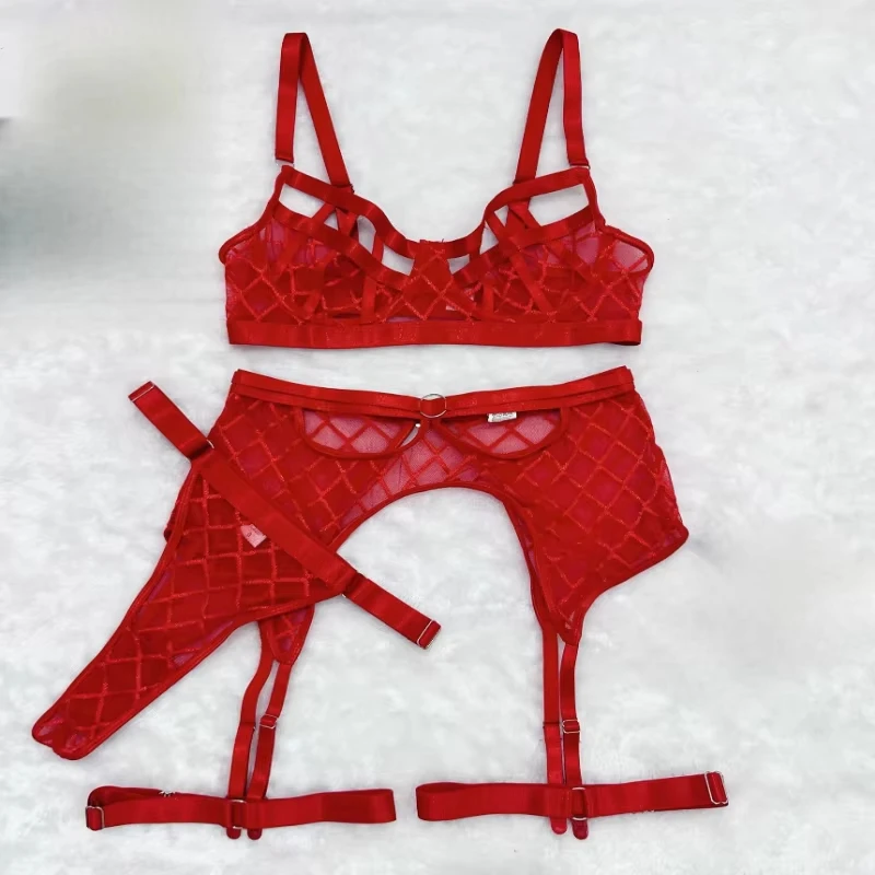 Bikini mesh net swimsuit lace hollow three-piece set