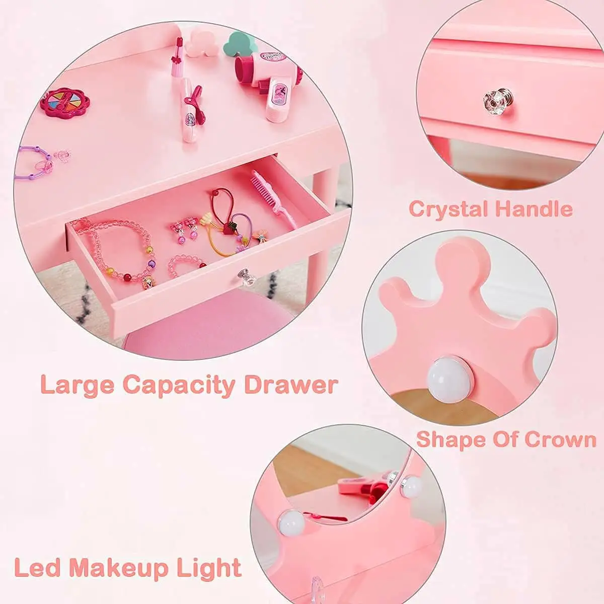 Kids Makeup Vanity with Lights and Mirror,Little Girl Vanity Table and Chair Set,Cute and Sturdy,Pink