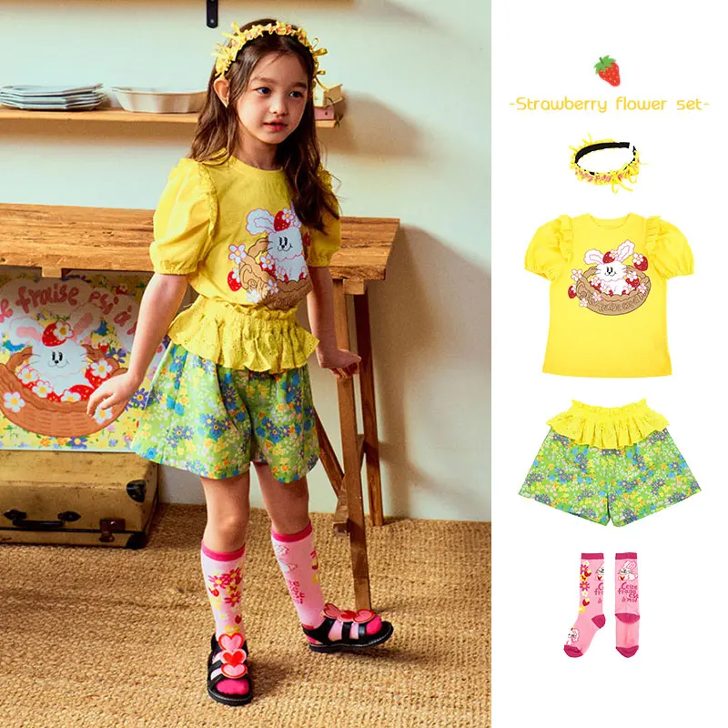 

BEBEBE Girls Set For The 2024 Summer Features New children's printed cotton T-shirt And Shorts This Set Includes Short Slee