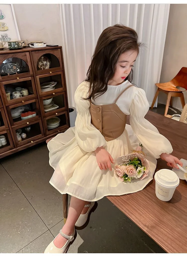 Frühling Herbst Mädchen Kleid Set Langarm Kinder Retro Pu Leder Weste Kleid Set Teenager-Mädchen Kleidung Anzug 4 6 8 12y – Detail 8