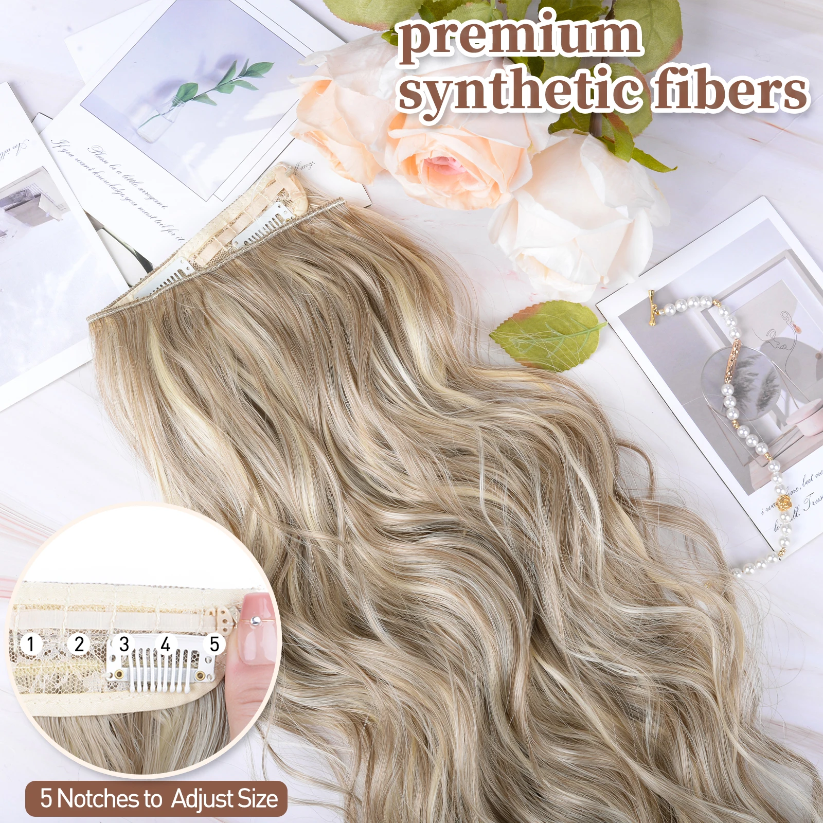 Synthetic 4 Clips In Natural Hair Extension Mixed Color Black Blonde One Piece Long Wave Invisible Wire False Fake Hair Piece