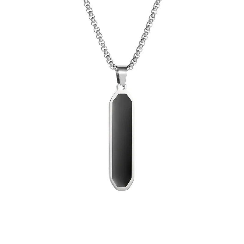 Exquisite Stainless Steel Black Rectangular Pendant Glossy Necklace for Men Women Fashion Rock Party Jewelry Gifts