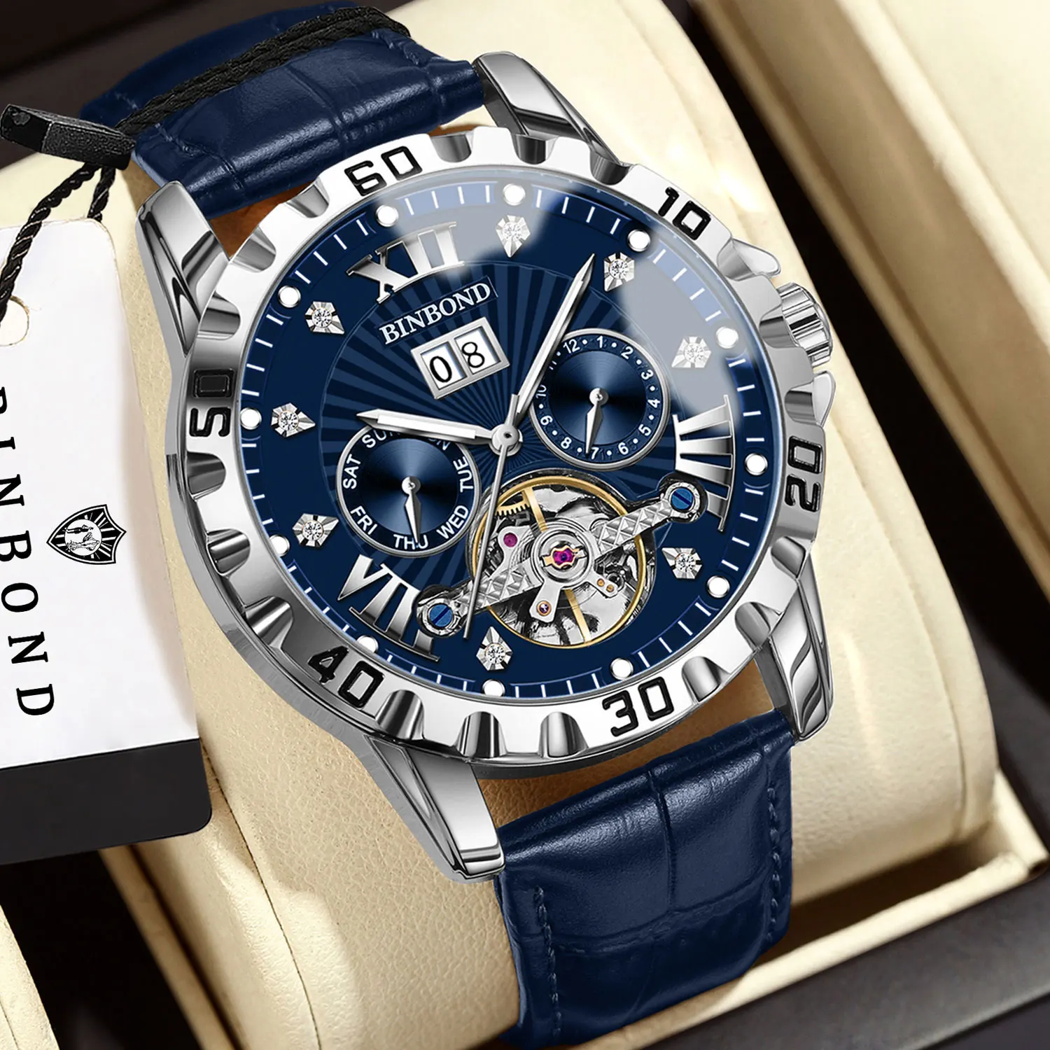 BINBOND Luminous Waterproof Men's Watch Leather Reloj Automatic Tourbillon Mechanical Wristwatches For Men Luxury Relojes +Box