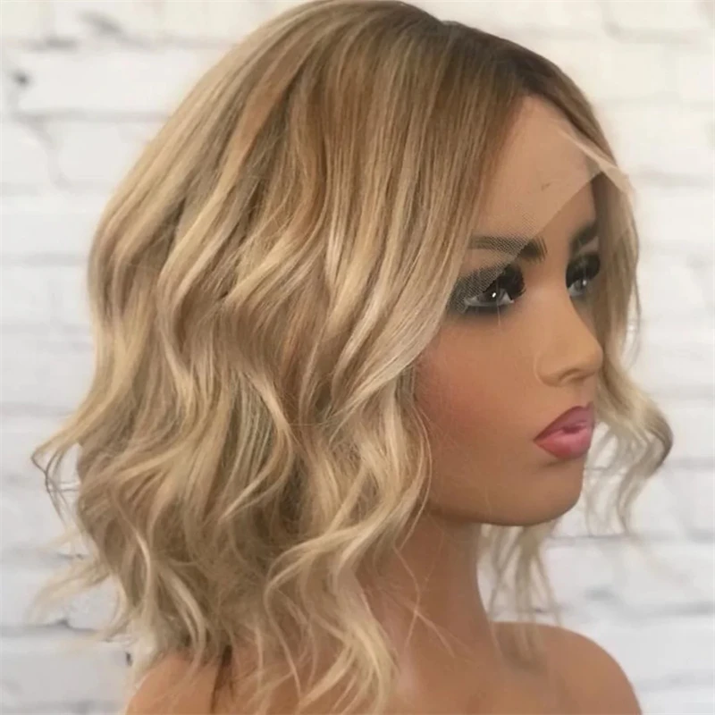 Blonde Pixie Cut Wig Short Wave Bob Wig Ombre Golden Blonde with Brown Streaks Synthetic HD Lace Front Wig Heat Resistant Hair