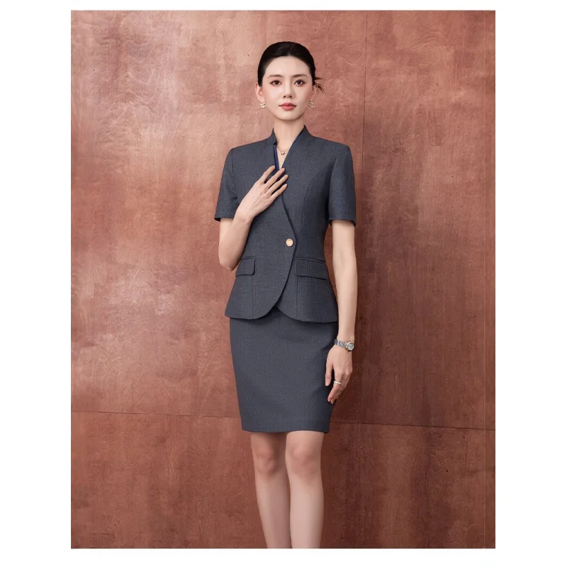 

Navy blue professional suit for women, summer short-sleeved blazer dress set, high-end elegant workwear for commuting
