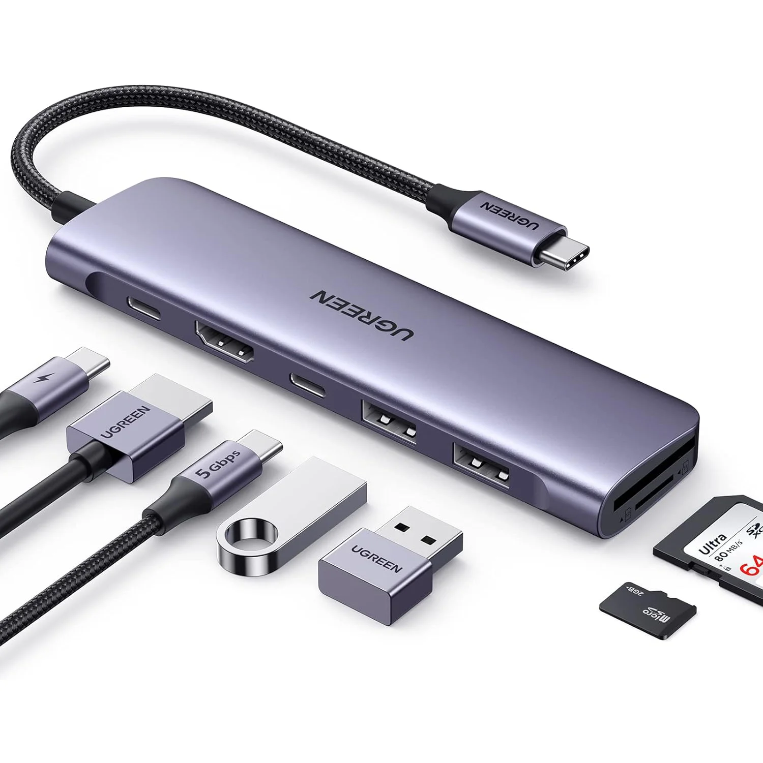 UGREEN Revodok 1071 USB C Hub for Laptop 7 in 1 USB C Dongle 4K-HDMI , 100W PD Charging, USB-C & 2 USB-A 5Gbps Data Ports, SD/TF