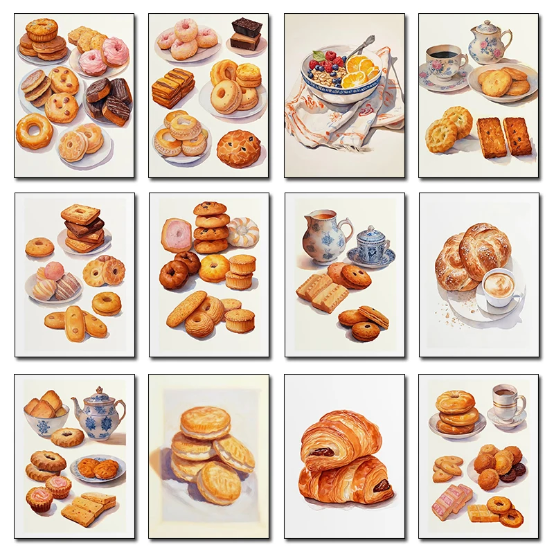 1 pieza de pintura en lienzo sin marco, galletas, acuarela, bizcochos, café, cereales, pan, repostería francesa, póster impreso, cuadros de arte de pared.