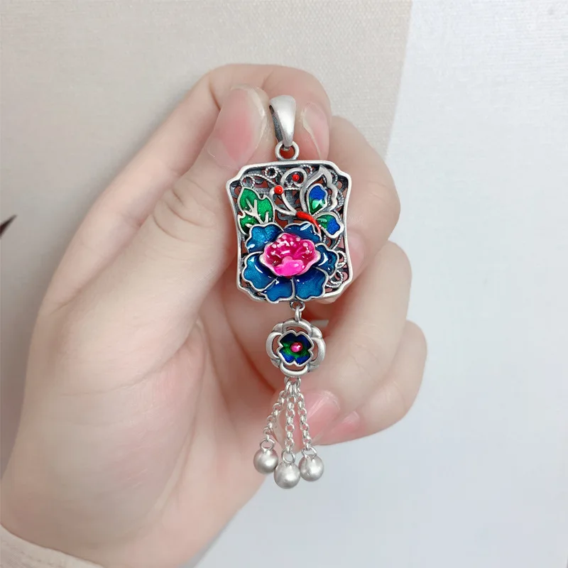 

Chinese Style 925 Sterling Silver Square Peony Tassel Pendant Women Handmade Retro Ethnic Hollow Flower Choker Pendant Jewelry