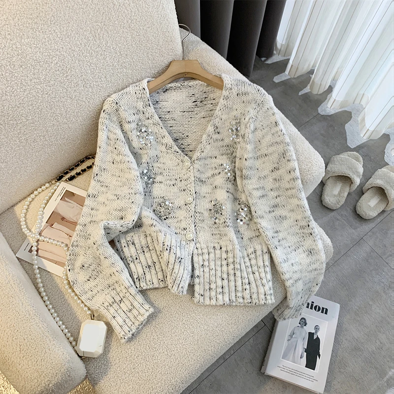 Bomon 2000's Y2K French Elegant sequined short sweater Cardigan Coat Women's new Fall/winter Pint-sized loose sequined knit top