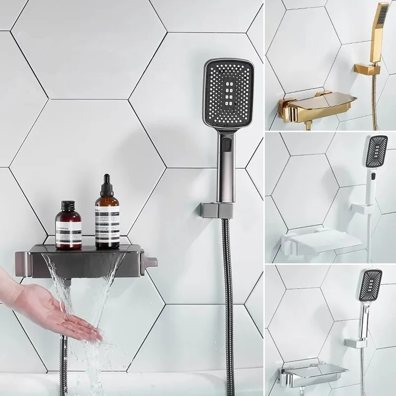 

Gray Bathtub Shower Set Wall Mounted Black Bathtub Faucet, Bathroom Cold and Hot White Bath and Mixer Taps Brass