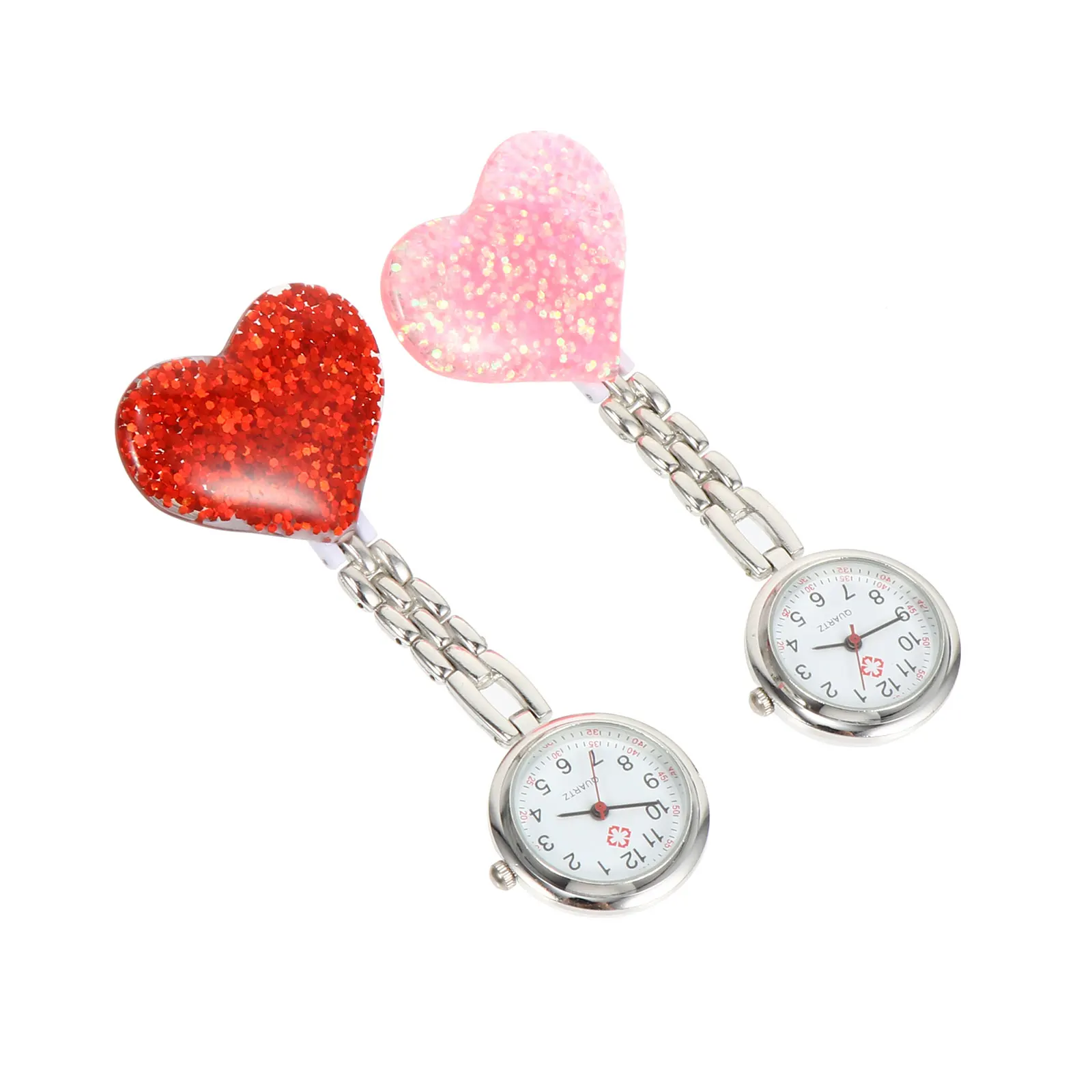 

2Pcs Nurse Heart Design Clip on Pocket Quartz Doctor Pocket Smooth Edges Chest Decor Doctor Watch Gift Lovely Watch