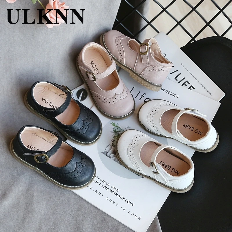 ULKNN New Grils Leather Shoes Casual Girls Autumn Winter Kids Pu Show White Shoes Children\'s  Black Pink size 21-30 Flats