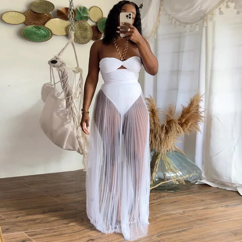 Sexy Party Nightclub Festival Outfit Women Skirt 2 Piece Set Strapless Bodysuit Top and Mesh See Through Pleated Long Dress Sets