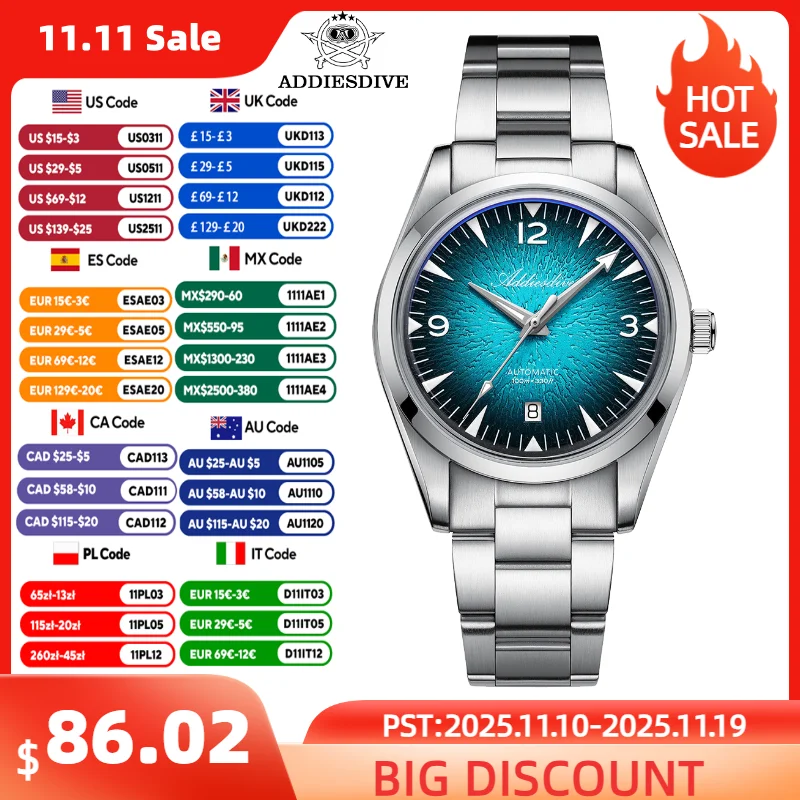 

ADDIESDIVE 38mm Men's Automation Watch Bubble Mirror Glass Super Luminous 100m Waterproof Wristwatch Stainless Steel Men Watches