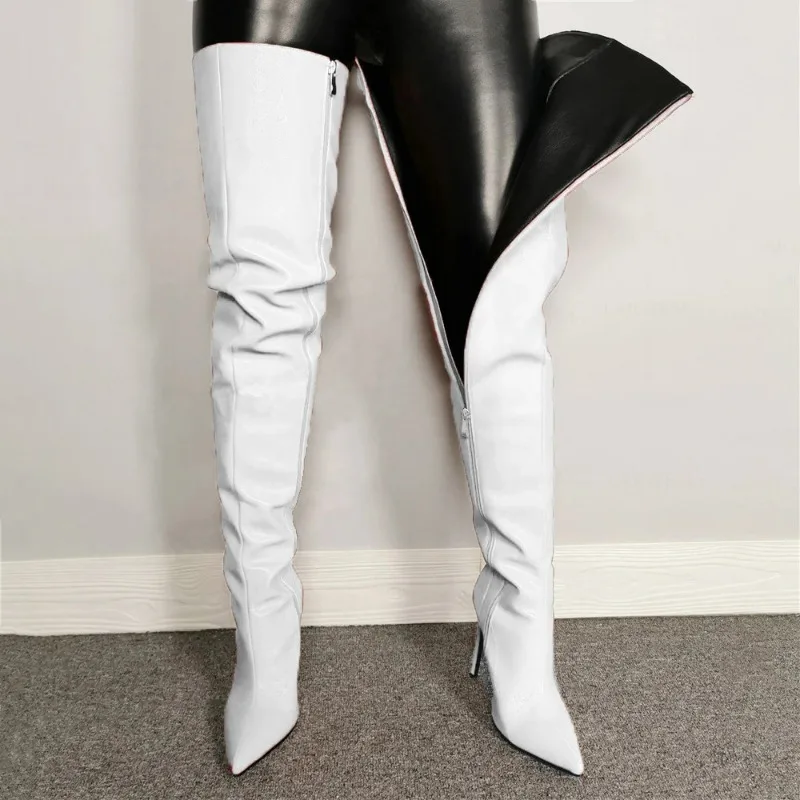 Damenstiefel mit spitzer Zehenpartie, Overknee-Stiefel aus PU-Leder, Stiletto-Absatz, Übergrößen, lange Stiefel, sexy, mit seitlichem Reißverschluss, hohe Absätze.