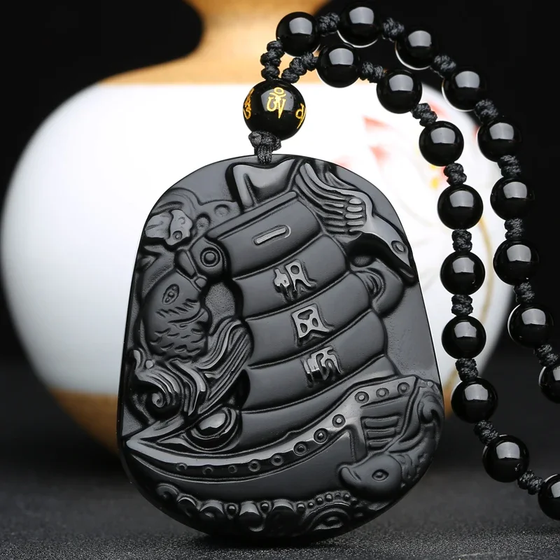 

Natural Obsidian Chinese Ship Pendant Set Sail Necklace Charm Jewellery Fashion Accessories Hand-Carved Man Woman Amulet Gifts