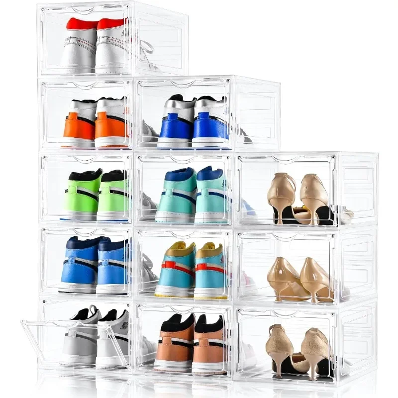 Clemate Upgraded X-Large Shoe Storage Box,12 Pack,Shoe Box Clear Plastic Stackable,Drop Front Shoe Box with Clear Door