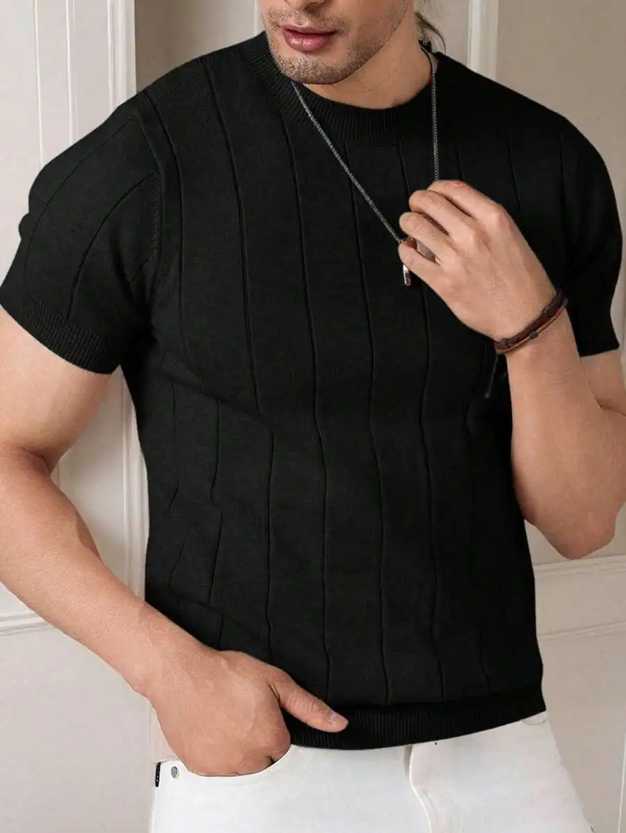 Men's Black Short Sleeve Knit Crew Neck Top with Vertical Ribbed Texture