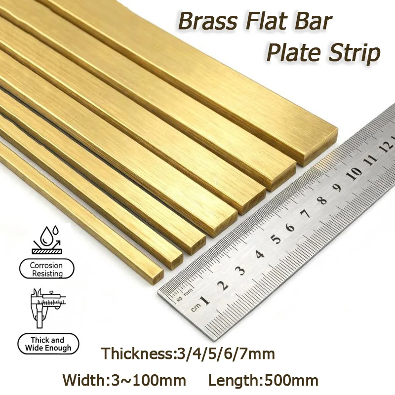 1pcs Length 500mm Brass Flat Bar Plate Strip Thicknesses 3~12mm copper alloy Solids part DIY handmade Fastener Metal Material