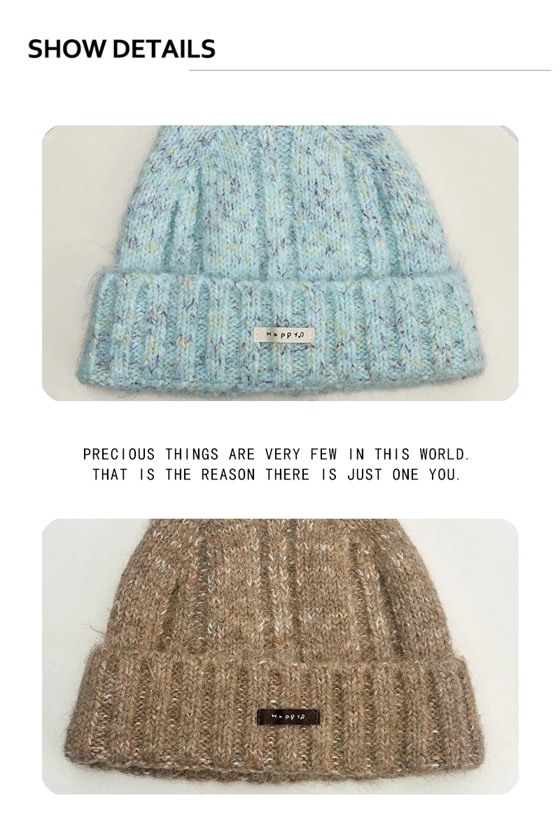 Neue Damenmützen im koreanischen Stil mit niedlichen Katzenohren, Buchstaben und Farbpunkten, gestrickt, warm, lässig, modisch, süße Beanies, vielseitig für den Außenbereich, Nischenartikel. – Detail 3