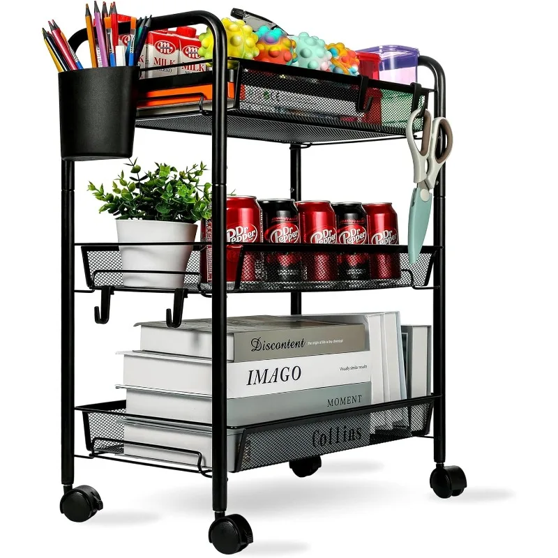 

3 Tier All-Metal Rolling Cart, Trolley Craft Cart with Locking Wheels, Easy-Carry and Assembly Mesh Trolley Cart with 1