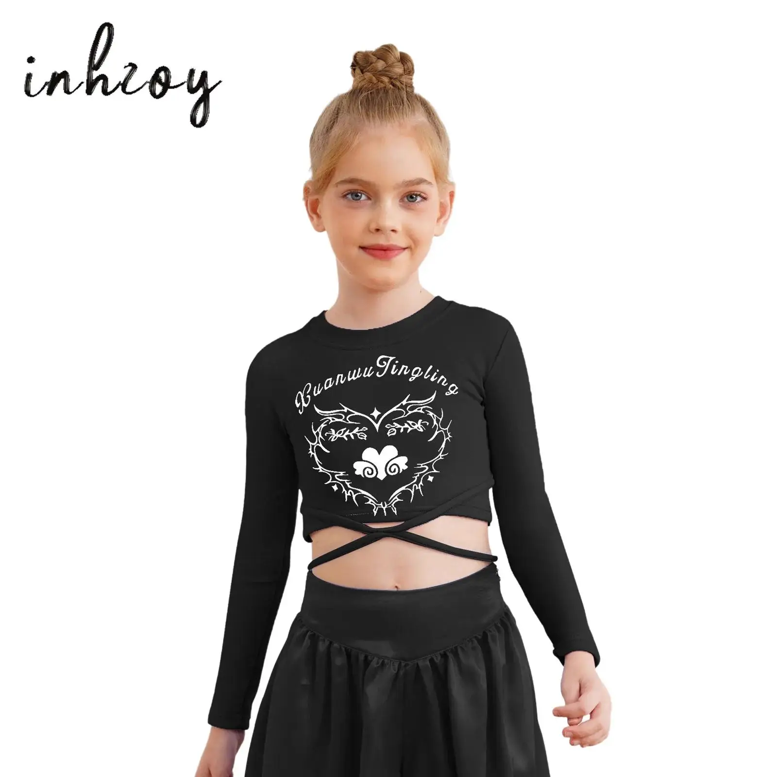 

Kids Girls Hip-Hop Jazz Dance Crop Tops Lace-up Heart Letter Printed T-shirt Round Neck Long Sleeve Pullover Tops Streetwear