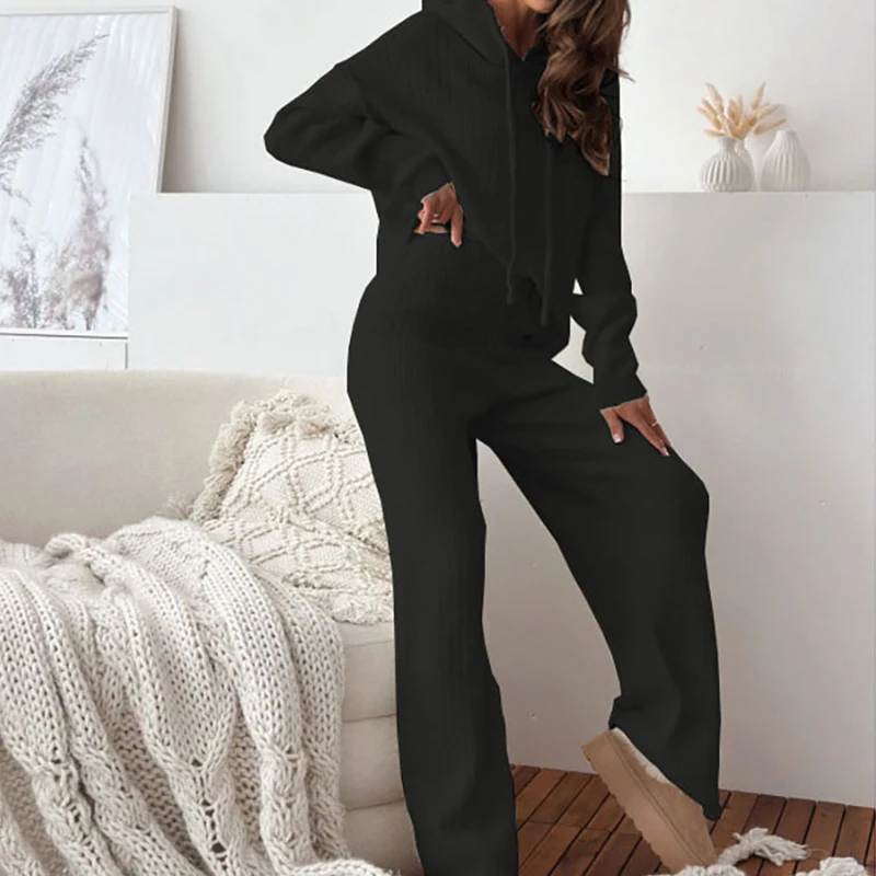 2024 Casual Long Sleeved Knitted Tracksuit Elegant Slim 2pc Sets Women Long Sleeve Drawstring Hoodies and High Waist Pants Suit