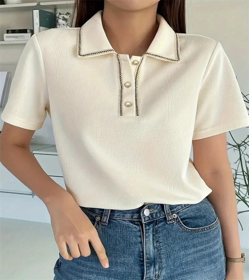 Spring 2024 Women\'s pure color button-down T-shirt spring and summer casual office short-sleeved shirt