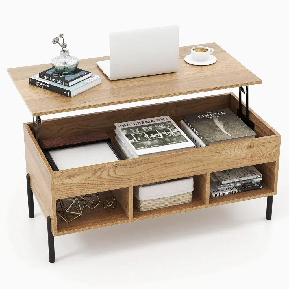 Lift Top Coffee Table with Metal Legs, Rising Center Table w/Hidden Compartment & 3 Open Cubbies, Multifunctional Wood Dining W