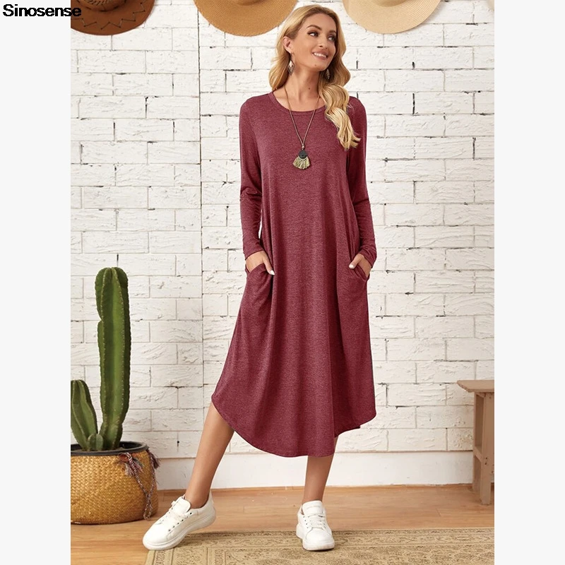 Abito lungo da donna a maniche lunghe autunnale Abito t-shirt allentato casual con tasca laterale Y2K Abito lungo da ufficio per vacanze quotidiane con data di strada