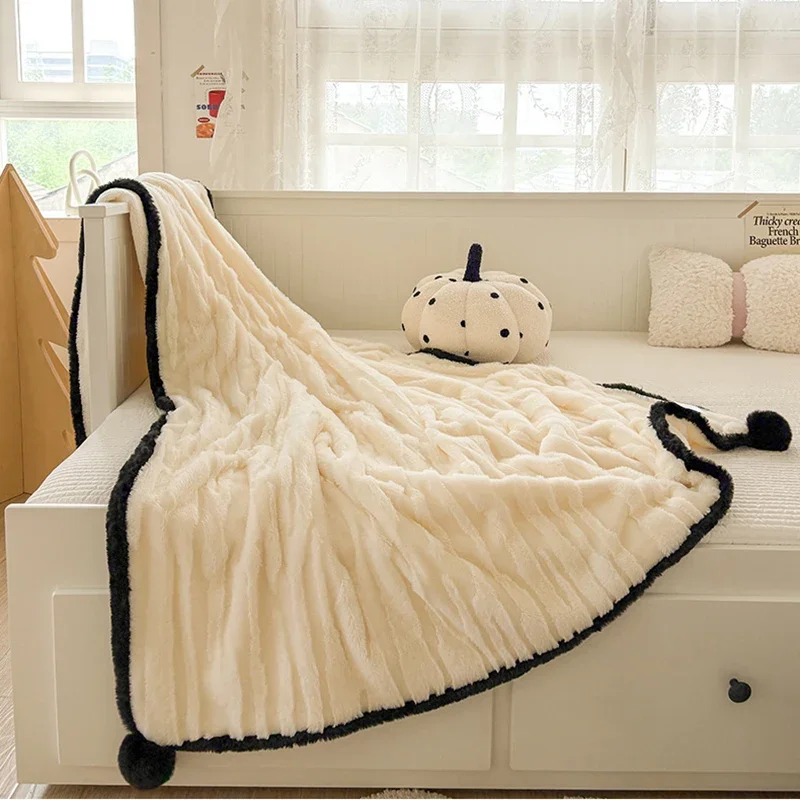 Luxury Faux Rabbit Fur Ball Blankets Solid Striped Jacquard Double-Layer Sofa Cover Blanket Thick Warm Single Fluffy Nap Shawl