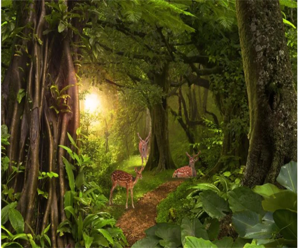 Custom size wallpaper for walls 3 d natural scenery Forest Plants Deer Green Trees landscape TV background photo wallpaper