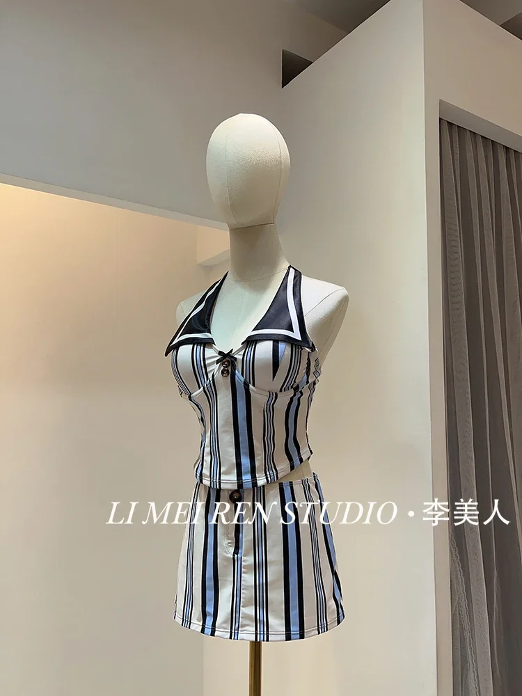 New spicy girl sexy navy striped vest skirt style split swimsuit