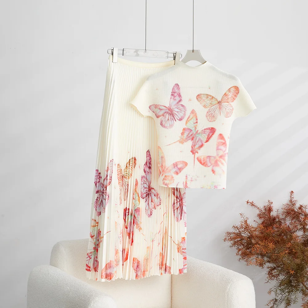 

Miyake Pleated High End Quality Set For Women's Summer 2023 New Butterfly Printed Top+Half Skirt Two-Piece
